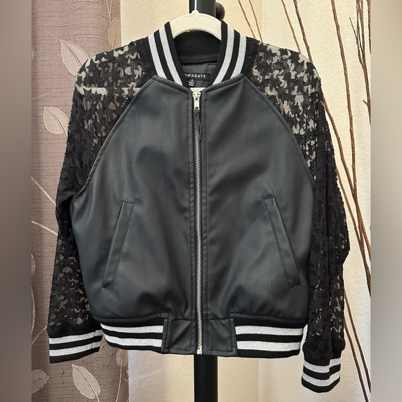Nowadays | Lace & faux leather bomber jacket | size S | black & silver - Picture 1 of 7